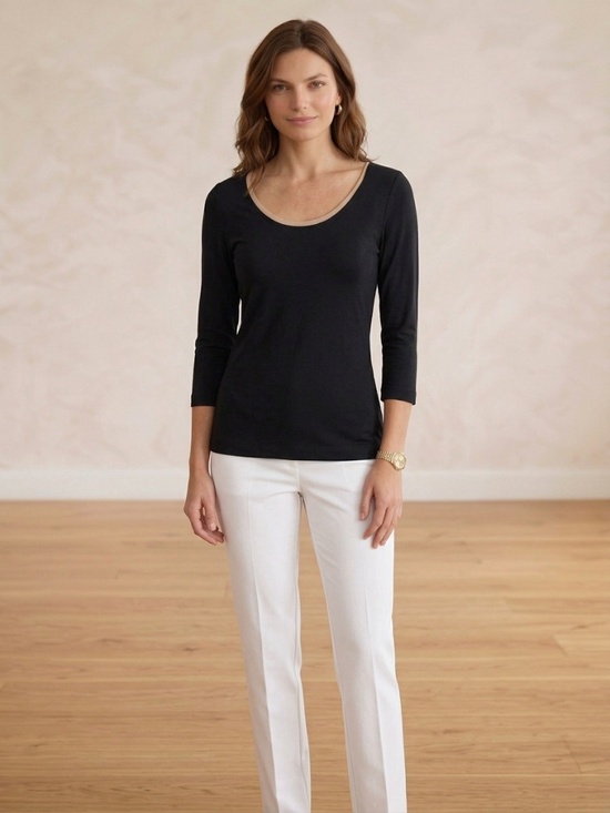 Akris Punto Tops - Akris Punto Black Scoop Neck 3/4 Sleeve Top Trim Detail Size US 6